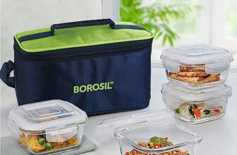 Borosil Alfa Green Borosilicate Glass Lunch Boxes Set of 4 (320 ml Each) with Lunch Bag, Lunchboxes for Office & College, Microwave Safe, Leak Proof