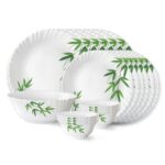 Larah by Borosil Bamboo Leaves Fluted Series Opalware Dinner Set | 27 Pieces for Family of 6 | Microwave & Dishwasher Safe | Bone-Ash Free | Crockery Set for Dining & Gifting | Plates & Bowls | White