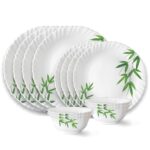 Larah by Borosil Bamboo Leaves Fluted Series Opalware Dinner Set | 12 Pieces for Family of 4 | Microwave & Dishwasher Safe | Bone-Ash Free | Crockery Set for Dining & Gifting | Plates & Bowls | White