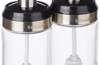 Amazon Brand – Solimo Borosilicate Glass Sauce Jar with Dipper, Set of 2 (250 ml Each) | Black