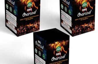 TrustBasket Charcoal Briquettes (5kg) with Free Starter Cubes – Long Burning Barbeque Charcoal with Low Smoke (Used in Grilling/Barbecue, Home) Set of 3