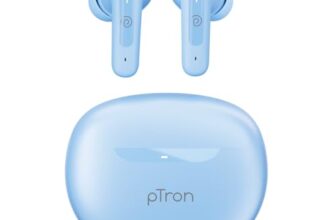 pTron Bassbuds Astra in-Ear TWS Earbuds w/Stereo Sound, 34Hrs Playtime, Stereo Calls, Custom EQ, Mobile App, BTv5.3 Headphones, Touch Control, Voice Assistant, Type C Charging & IPX4 (Light Blue)