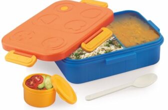 ATTRO TicTac Plastic Lunch Box – 3 Compartment Bento Tiffin, Leak-Proof & Durable, Ideal for Kids, School, Picnic– 1200ml+80ml, Orange Blue