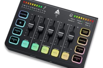 Audio Array AI-06 Streaming Audio Mixer Sound Card | XLR, 1/4″ & line in | PC/Phone RGB Mixer with Volume Fader, Individual Control, Mute and Monitoring, 48V Phantom Power | Stream, Podcast & Karaoke