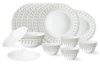 Larah by Borosil Ora Gold Fluted Series Opalware Dinner Set | 23 Pieces for Family of 6 | Microwave & Dishwasher Safe | Bone-Ash Free | Crockery Set for Dining & Gifting | Plates & Bowls | White