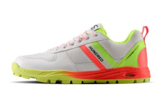 Hundred PitchStrike Cricket Shoes|Multi-Surface Grip with TerraSpike Outsole|Energy Layer Midsole|Lightweight, Breathable | Ideal for Turf, Ground & Hard Surfaces (White/Orange/Lime Green;UK 8)