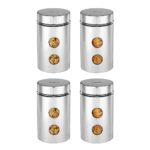 Amazon Brand – Solimo Drip Window Steel Jacketed Glass Jar | Multipurpose Kitchen Organizer With See-Through Window | 1200 Ml Set Of 4 – Silver