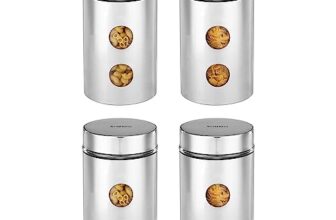 Amazon Brand – Solimo Drip Window Steel Jacketed Glass Jar | Multipurpose Kitchen Organizer With See-Through Window | 1200 Ml Set Of 4 – Silver