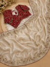 Latavastra Embroidered, Embellished, Floral Print Banarasi Jimmy Jimmy, Chiffon Saree(Cream, Maroon)