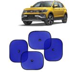 KINGSWAY Car Window Curtain Sticky Sun Shades Compatible with Volkswagen Taigun, (Year 2021 Onwards), Universal Fit Sunshades for Side Window, Rear Window, Blue Color, 4 Pieces