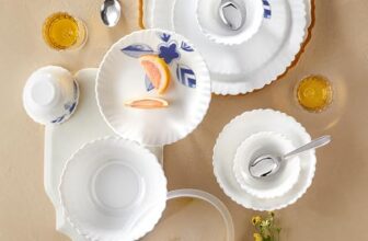Larah by Borosil Silk Series Morning Glory Opalware Dinnerset with Steel Spoon | 41 Pc for Family of 6 | Microwave & Dishwasher Safe | Bone-Ash Free | Crockery Set for Dining & Gifting | Plates & Bowl