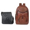 Treggo Unisex Leather Bag Combo Set – Brown Laptop Backpack & Black Crossbody Messenger Bag (2 Piece) | Office, Travel & College Work Bags for Men & Women