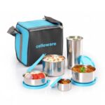 CELLO Steelox Set of 5 Pcs Lunch Box with Jacket For Office, Blue | 550ml, 375ml, 225ml, 50ml Stainless Steel Containers & 375ml Tumbler |Lightweight Leakproof Airtight Tiffin Box For Daily Use Travel