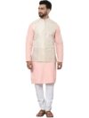 SOJANYA (Since 1958 Men’s Pure Cotton Peach Kurta and White Pyjama with Cream Nehru Jacket