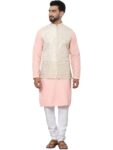 SOJANYA (Since 1958 Men’s Pure Cotton Peach Kurta and White Pyjama with Cream Nehru Jacket