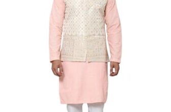 SOJANYA (Since 1958 Men’s Pure Cotton Peach Kurta and White Pyjama with Cream Nehru Jacket
