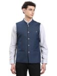 Turtle Men Terry Rayon Dobby/Structure Tailored Fit Navy Blue Nehru Jacket