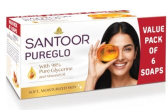 Santoor PureGlo Glycerine Soap with Almond Oil and Glycerine, 125g (Pack of 6) for Nourished Glowing Skin