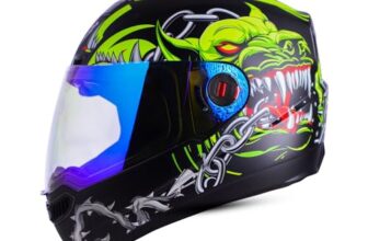 Steelbird SBA-1 Angry Dog ISI Certified Full Face Graphic Helmet for Men and Women (Medium 580 MM, Glossy Black Neon with Night Vision Blue Visor)