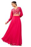 Janasya Women’s Pink Georgette Embroidered Top With Skirt Set