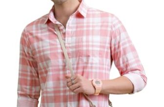Highlander Men Cotton Slim Fit Shirt (PHSH000014_LT Pink/White L)