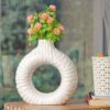 Medhini by Earth Store 7.3 Inch White Ring Textured Ceramic Vase for Living Room, Garden, Flower, Balcony, Bedroom | Flower Pot for Home Decor Set of 1 (Plant Not Included)