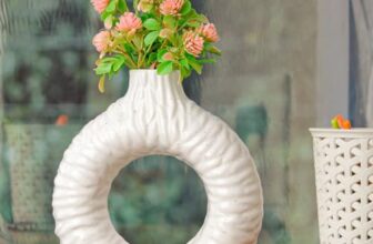 Medhini by Earth Store 7.3 Inch White Ring Textured Ceramic Vase for Living Room, Garden, Flower, Balcony, Bedroom | Flower Pot for Home Decor Set of 1 (Plant Not Included)