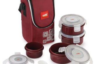CELLO MF Click Lunch Box with Insulated Jacket, Brown | 3 x 300ml Containers, 1 x 180 ml Pickel Container, Spoon & Fork | Food Grade, BPA Free PET Body | Airtight Clip Lock, Leakproof Tiffin Box Set