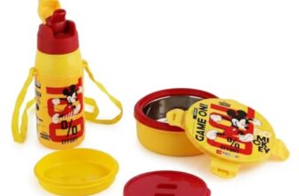 CELLO Kidzbee Star Gift Lunch Box 390ml and Water Bottle Set for School Kids, Yellow | 3D Touch & Feel Mickey Design, Leak Proof Airtight Kids Lunch Box Water Bottle Combo for Travel Picnic Gifting