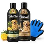 PetKartel Dog Grooming Combo Tick & Flea Shampoo 200ml + Oatmeal Shampoon 200ml with Deshedding Glove | Anti Tick Cleansing Moisturizing Bath Care Kit for Dogs | Fur Removal Massage Glove Grooming
