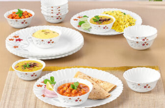 Larah by Borosil Pack of 18 Opalware Rosalie Opalware Galaxy Series Crockery Set for Dining & Gifting, Family of 6 Dinner Set(Orange, Red, Grey, Microwave Safe)