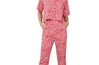 SEREIN FashFun Clothing Women’s Slim Fit Co-ord Set (Red Animal Printed Crepe Crop Shirt & Elasticated Waist Pant Set)