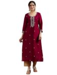 Libas Womens Embroidered Silk Straight Kurta for Women Maroon
