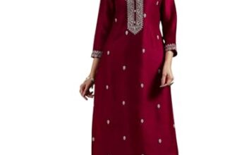 Libas Womens Embroidered Silk Straight Kurta for Women Maroon