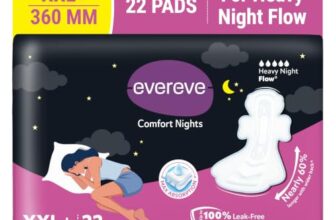 Evereve Comfort Nights Sanitary Pads XXL+ 360mm, 22 Pads, 60% Longer with Wider back For All Night Care, Heavy Night Flow Absorption, Up to 100% Leak Protection, Rash-Free Breathable Comfort