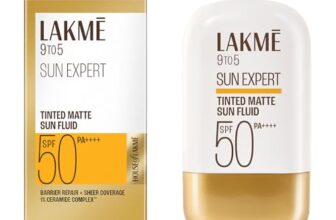 Lakme Sun Expert Tinted Dry Matte Sunscreen Fluid SPF 50+ PA++++ | 1% Ceramide Complex for Skin Barrier Repair | Sheer Coverage Foundation Like Finish – Beige (50ml)