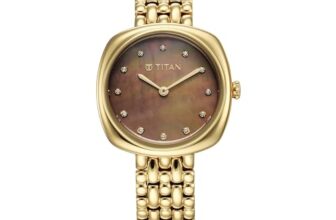 Titan Aura Phase Quartz Analog Brown Dial Golden Stainless Steel Strap Watch for Women-95241YM01
