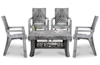 MAHARAJA Luxury Plastic Armchair & Table Set | Heavy-Duty & Sleek Design for Every Space (Silver, 4 Chair+1 Table)