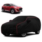 Sulfar 100% Water Resistant Car Body Cover Compatible with Mirror for Nissan Magnite (Triple Stitched, Full Bottom Elastic, Black with Red Piping)