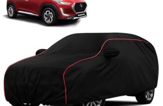 Sulfar 100% Water Resistant Car Body Cover Compatible with Mirror for Nissan Magnite (Triple Stitched, Full Bottom Elastic, Black with Red Piping)