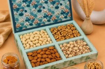Riwaz Prime Floral Diwali Dry Fruit Gift Box | Luxury Lotus Print Hamper with Almonds, Cashews, Walnuts & Pistachios | Premium Festive & Corporate Gifting
