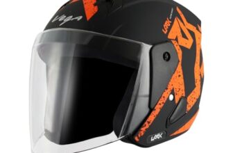 Vega Lark Victor ISI Certified Matt Finish Lightweight Open Face Helmet for Men and Women with Long Clear Visor (Dull Black Orange, Size:M)