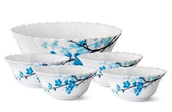 Larah by Borosil Mimosa Fluted Series Opalware 5 Pcs Pudding Set | Microwave & Dishwasher Safe | Bone-Ash Free | Crockery Set For Dining & Gifting | Bowls Set | White