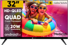 realme TechLife 80 cm (32 inch) QLED HD Ready Smart Android TV with Thunder OS, Live TV, Netflix, 100+ Apps, 20W Speakers, 300 Nits Brightness, Bezel-less Design(32HDSQRWWTQ)