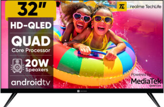 realme TechLife 80 cm (32 inch) QLED HD Ready Smart Android TV with Thunder OS, Live TV, Netflix, 100+ Apps, 20W Speakers, 300 Nits Brightness, Bezel-less Design(32HDSQRWWTQ)