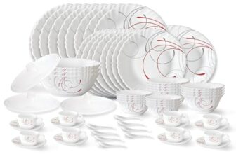 Larah by Borosil Boro Fluted Series Opalware Dinner Set | 63 Pieces for Family of 8 | Microwave & Dishwasher Safe | Bone-Ash Free | Crockery Set for Dining & Gifting | Plates & Bowls | White