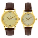 Titan Bandhan Quartz Analog With Day & Date Champagne Dial Brown Leather Strap Couple Watch – NT15802490YL05