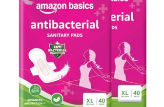 Amazon Basics Anti-Bacterial Sanitary Pads for Women XL | 280 mm Extra Coverage | Ultra-Absorbent Core | Soft & Comfortable Surface | Wings for Secure Fit | Medium to Heavy Flow Protection| 80 Count (40 X Pack of 2)