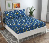 BSB Home 120 Tc Double Floral Printed Bedsheet with 2 Pillow Covers | 110 GSM Soft Brushed Microfiber – Breathable & Wrinkle Free – (86 X 88 Inch, Dark Blue & Yellow & White), 144 Tc