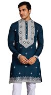 Kalaanj Men’s Embroidered Silk Kurta || Only Kurta (KALSS2503MK-Blue-XXL)